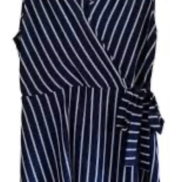 Monteau Women’s Black Striped Faux Wrap Dress Knee V Neck - Picture 2 of 5